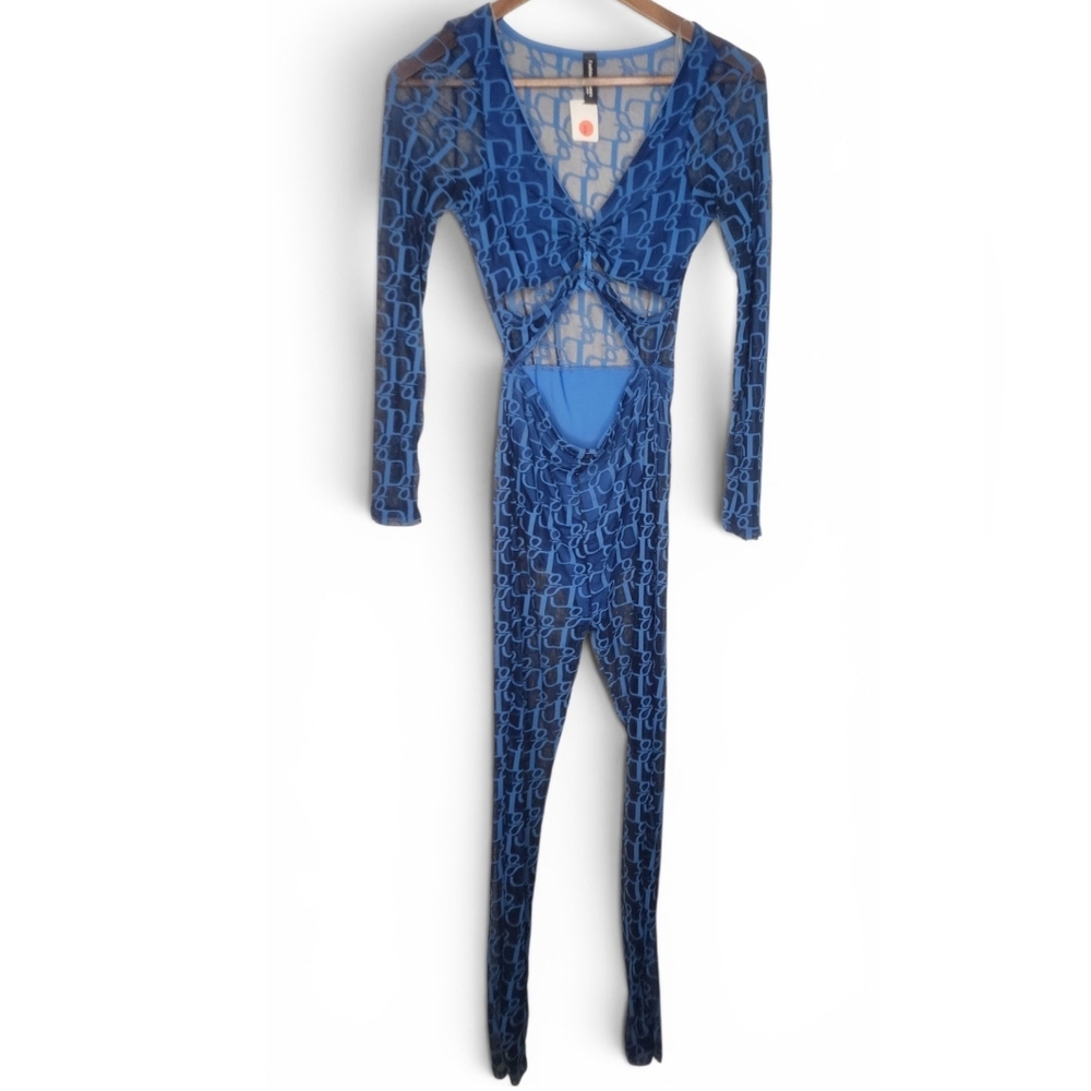 Mesh Cutout Logo Long Sleeve Catsuit in Blue Size M New With Tags